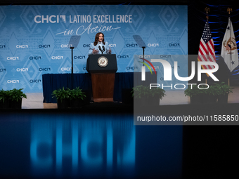 Vice President and Democratic presidential nominee Kamala Harris delivers remarks at the annual conference of the Congressional Hispanic Cau...