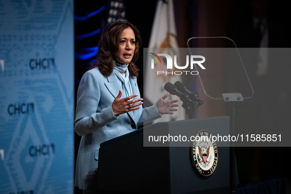 Vice President and Democratic presidential nominee Kamala Harris delivers remarks at the annual conference of the Congressional Hispanic Cau...