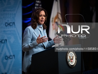 Vice President and Democratic presidential nominee Kamala Harris delivers remarks at the annual conference of the Congressional Hispanic Cau...