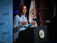 Vice President and Democratic presidential nominee Kamala Harris delivers remarks at the annual conference of the Congressional Hispanic Cau...