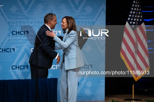 Rep. Adriano Espaillat (D-NY) hugs Vice President and Democratic presidential nominee Kamala Harris after introducing her to deliver remarks...