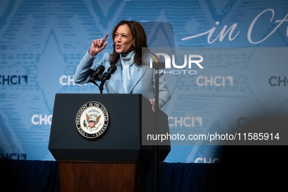 Vice President and Democratic presidential nominee Kamala Harris delivers remarks at the annual conference of the Congressional Hispanic Cau...