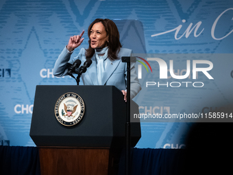 Vice President and Democratic presidential nominee Kamala Harris delivers remarks at the annual conference of the Congressional Hispanic Cau...