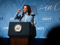 Vice President and Democratic presidential nominee Kamala Harris delivers remarks at the annual conference of the Congressional Hispanic Cau...