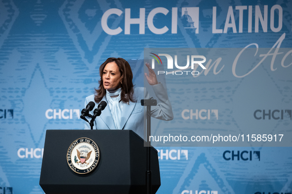 Vice President and Democratic presidential nominee Kamala Harris delivers remarks at the annual conference of the Congressional Hispanic Cau...