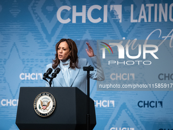 Vice President and Democratic presidential nominee Kamala Harris delivers remarks at the annual conference of the Congressional Hispanic Cau...