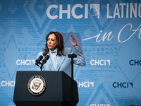 Vice President and Democratic presidential nominee Kamala Harris delivers remarks at the annual conference of the Congressional Hispanic Cau...