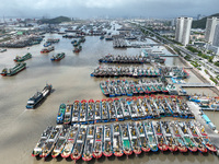 A large number of fishing boats moor at Shenjiamen Fishing Port to take shelter from Typhoon Pulasan in Zhoushan, China, on September 19, 20...