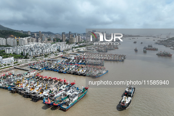 A large number of fishing boats moor at Shenjiamen Fishing Port to take shelter from Typhoon Pulasan in Zhoushan, China, on September 19, 20...