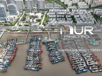 A large number of fishing boats moor at Shenjiamen Fishing Port to take shelter from Typhoon Pulasan in Zhoushan, China, on September 19, 20...