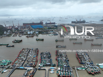 A large number of fishing boats moor at Shenjiamen Fishing Port to take shelter from Typhoon Pulasan in Zhoushan, China, on September 19, 20...