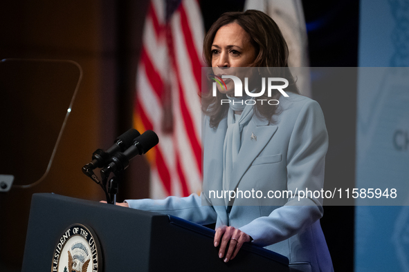 Vice President and Democratic presidential nominee Kamala Harris delivers remarks at the annual conference of the Congressional Hispanic Cau...