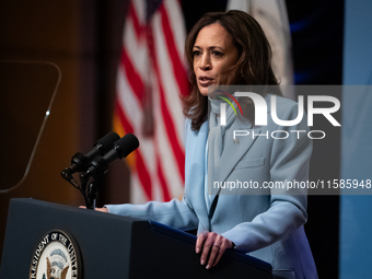 Vice President and Democratic presidential nominee Kamala Harris delivers remarks at the annual conference of the Congressional Hispanic Cau...