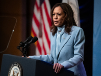 Vice President and Democratic presidential nominee Kamala Harris delivers remarks at the annual conference of the Congressional Hispanic Cau...