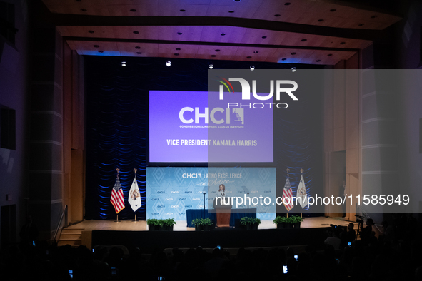 Vice President and Democratic presidential nominee Kamala Harris delivers remarks at the annual conference of the Congressional Hispanic Cau...