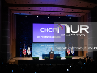 Vice President and Democratic presidential nominee Kamala Harris delivers remarks at the annual conference of the Congressional Hispanic Cau...