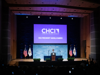 Vice President and Democratic presidential nominee Kamala Harris delivers remarks at the annual conference of the Congressional Hispanic Cau...