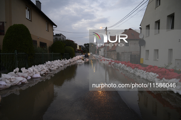 A flooded street in Olawa, near Wroclaw, Poland, on September 18, 2024, is seen. Emergency services, including fire departments and territor...