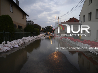 A flooded street in Olawa, near Wroclaw, Poland, on September 18, 2024, is seen. Emergency services, including fire departments and territor...