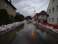 A flooded street in Olawa, near Wroclaw, Poland, on September 18, 2024, is seen. Emergency services, including fire departments and territor...