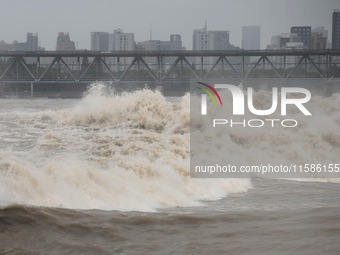 The Qiantang River tide causes huge waves in the Hangzhou section due to the impact of Typhoon ''Pulasan'', which is about to make landfall...