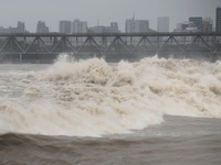 The Qiantang River tide causes huge waves in the Hangzhou section due to the impact of Typhoon ''Pulasan'', which is about to make landfall...