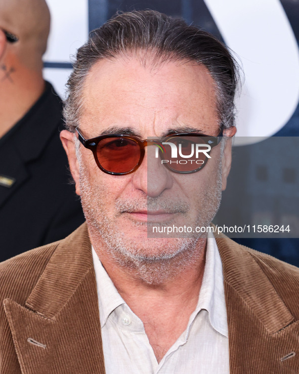 Andy Garcia arrives at the Los Angeles Premiere Of Apple TV+'s 'Wolfs' held at the TCL Chinese Theatre IMAX on September 18, 2024 in Hollywo...