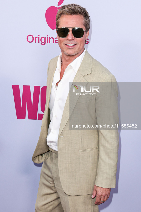 Brad Pitt arrives at the Los Angeles Premiere Of Apple TV+'s 'Wolfs' held at the TCL Chinese Theatre IMAX on September 18, 2024 in Hollywood...