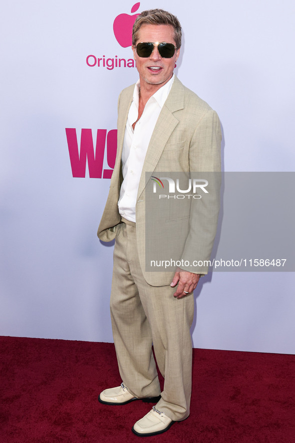 Brad Pitt arrives at the Los Angeles Premiere Of Apple TV+'s 'Wolfs' held at the TCL Chinese Theatre IMAX on September 18, 2024 in Hollywood...