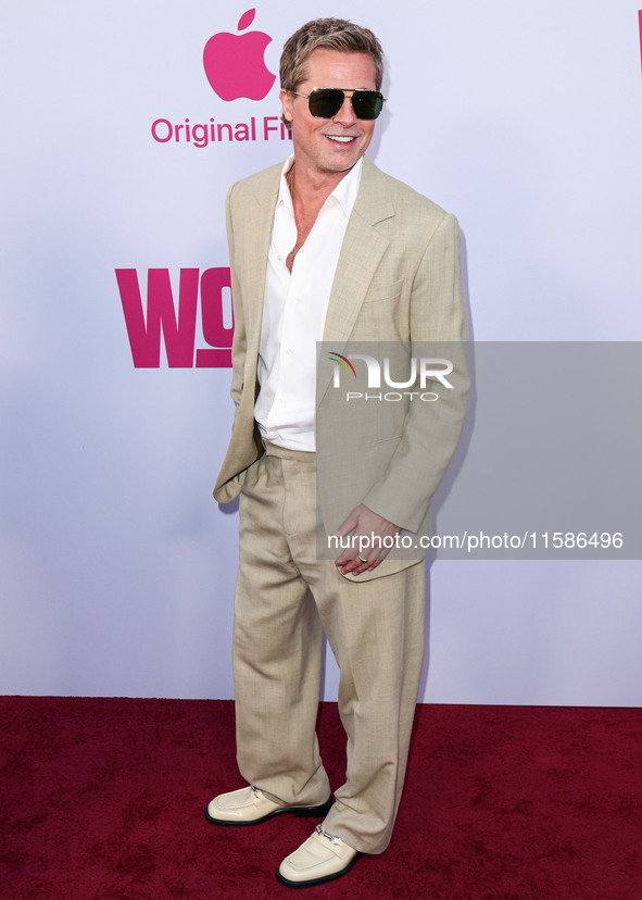 Brad Pitt arrives at the Los Angeles Premiere Of Apple TV+'s 'Wolfs' held at the TCL Chinese Theatre IMAX on September 18, 2024 in Hollywood...