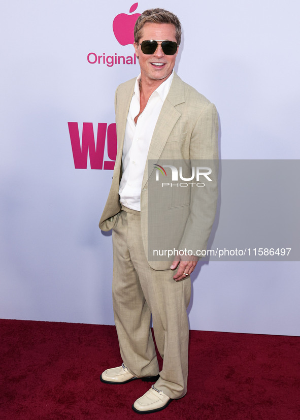 Brad Pitt arrives at the Los Angeles Premiere Of Apple TV+'s 'Wolfs' held at the TCL Chinese Theatre IMAX on September 18, 2024 in Hollywood...