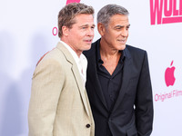 Brad Pitt and George Clooney arrive at the Los Angeles Premiere Of Apple TV+'s 'Wolfs' held at the TCL Chinese Theatre IMAX on September 18,...