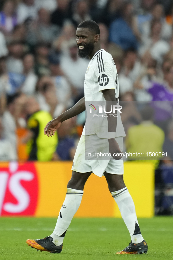 Antonio Rudiger centre-back of Real Madrid and Germany celebrates after scoring his sides first goal during the UEFA Champions League 2024/2...