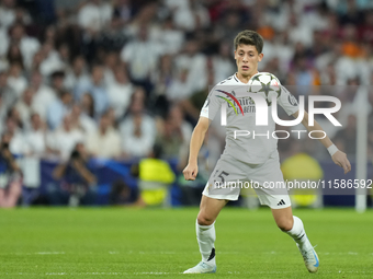 Arda Guler attacking midfield of Real Madrid and Turkey during the UEFA Champions League 2024/25 League Phase MD1 match between Real Madrid...