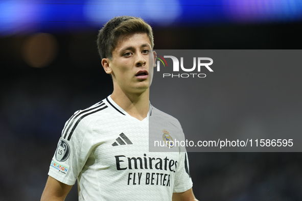 Arda Guler attacking midfield of Real Madrid and Turkey during the UEFA Champions League 2024/25 League Phase MD1 match between Real Madrid...