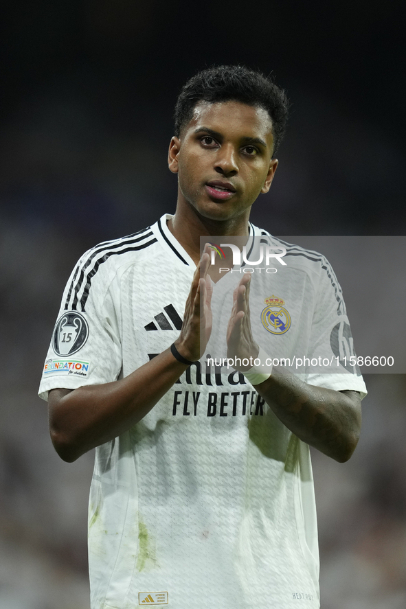 Rodrygo Goes right winger of Real Madrid and Brazil during the UEFA Champions League 2024/25 League Phase MD1 match between Real Madrid C.F....