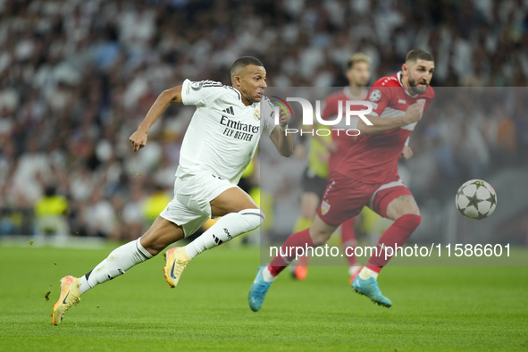 Kylian Mbappe centre-forward of Real Madrid and France in action during the UEFA Champions League 2024/25 League Phase MD1 match between Rea...