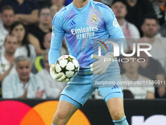 Thibaut Courtois goalkeeper of Real Madrid and Belgium during the UEFA Champions League 2024/25 League Phase MD1 match between Real Madrid C...