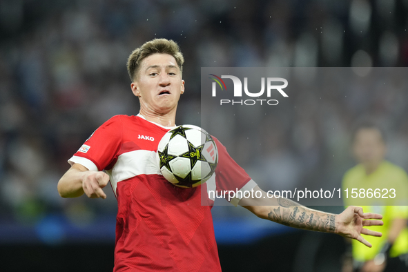 Angelo Stiller defensive midfield of Stuttgart and Germany controls the ball during the UEFA Champions League 2024/25 League Phase MD1 match...