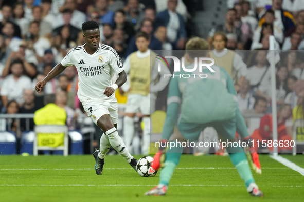 Vinicius Junior left winger of Real Madrid and Brazil during the UEFA Champions League 2024/25 League Phase MD1 match between Real Madrid C....