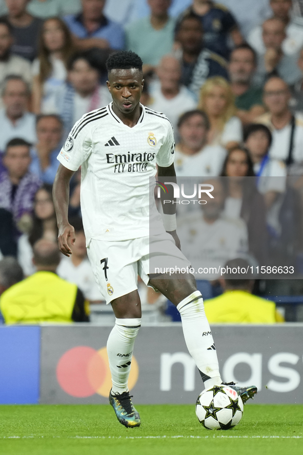 Vinicius Junior left winger of Real Madrid and Brazil during the UEFA Champions League 2024/25 League Phase MD1 match between Real Madrid C....