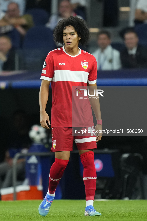 Anrie Chase centre-back of Stuttgart and Japan during the UEFA Champions League 2024/25 League Phase MD1 match between Real Madrid C.F. and...