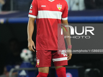 Anrie Chase centre-back of Stuttgart and Japan during the UEFA Champions League 2024/25 League Phase MD1 match between Real Madrid C.F. and...