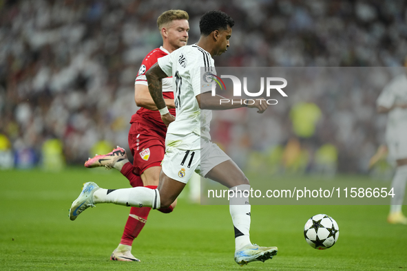 Rodrygo Goes right winger of Real Madrid and Brazil in action during the UEFA Champions League 2024/25 League Phase MD1 match between Real M...