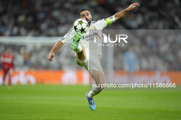 Daniel Carvajal right-back of Real Madrid and Spain controls the ball during the UEFA Champions League 2024/25 League Phase MD1 match betwee...