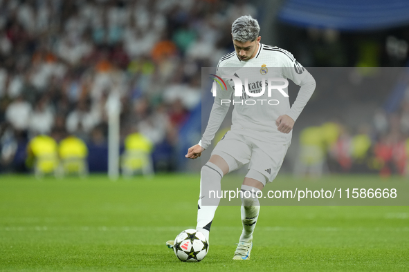 Federico Valverde central midfield of Real Madrid and Uruguay during the UEFA Champions League 2024/25 League Phase MD1 match between Real M...