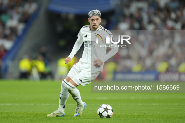 Federico Valverde central midfield of Real Madrid and Uruguay during the UEFA Champions League 2024/25 League Phase MD1 match between Real M...