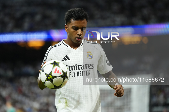 Rodrygo Goes right winger of Real Madrid and Brazil during the UEFA Champions League 2024/25 League Phase MD1 match between Real Madrid C.F....