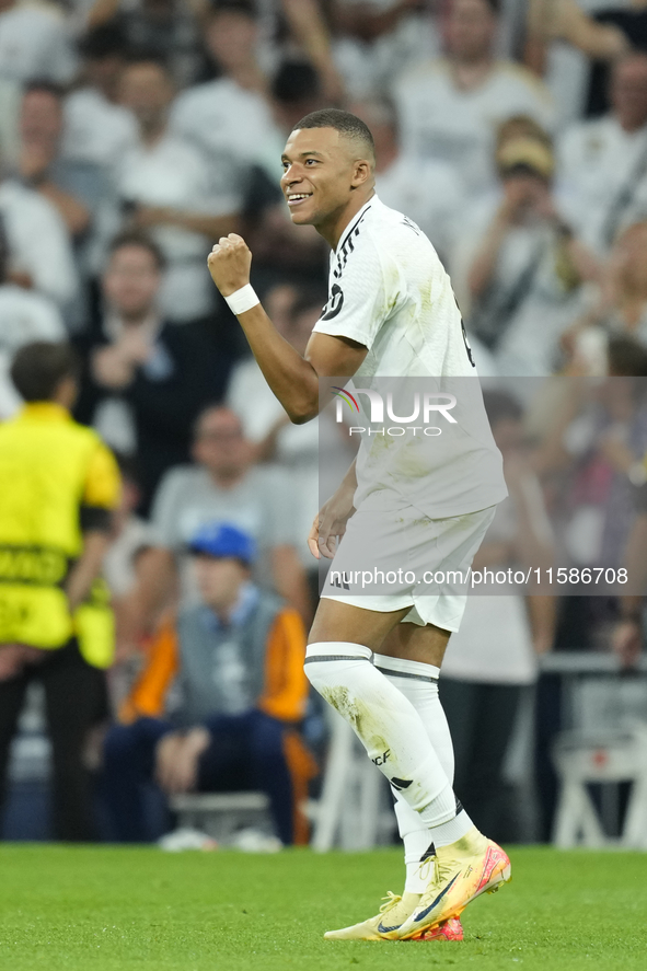 Kylian Mbappe centre-forward of Real Madrid and France celebrates after scoring his sides first goal during the UEFA Champions League 2024/2...