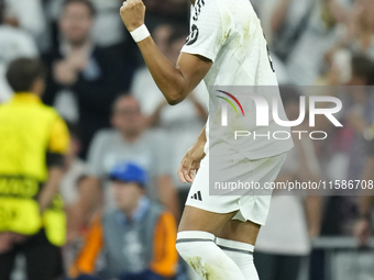 Kylian Mbappe centre-forward of Real Madrid and France celebrates after scoring his sides first goal during the UEFA Champions League 2024/2...